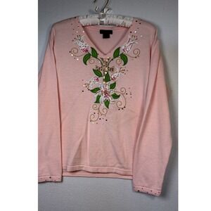 Bobbie Bell Sweater Women Large Pink Excellent Floral Sequin Cross V-Neck Knit